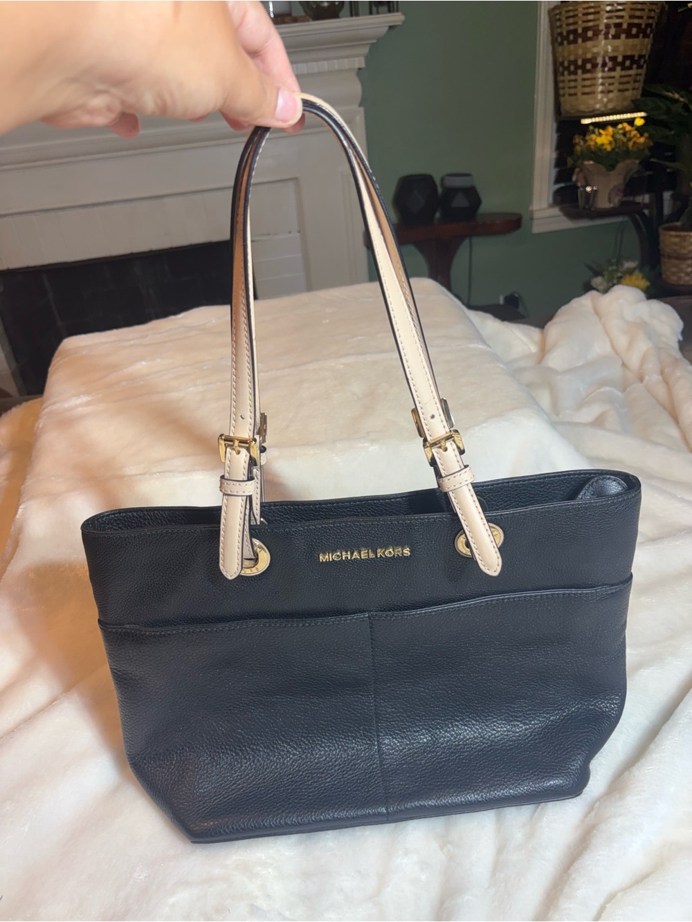 Michael Kors Black Leather Tote with Cream Handles